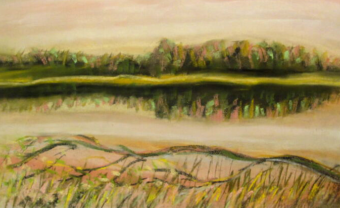 Kevadine maastik Pühajärvega 2006, pastell, 40x60, Müügis 200 €