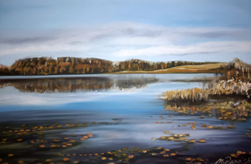 Nõuni järv sügisel 2025, õli 120x80, Müügis 550 €