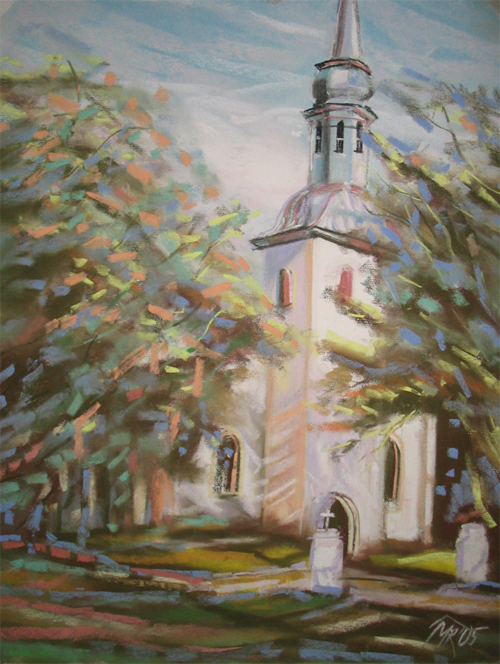 Maastik Otepää kirikuga 2005 Pastell 50x65 Erakogus