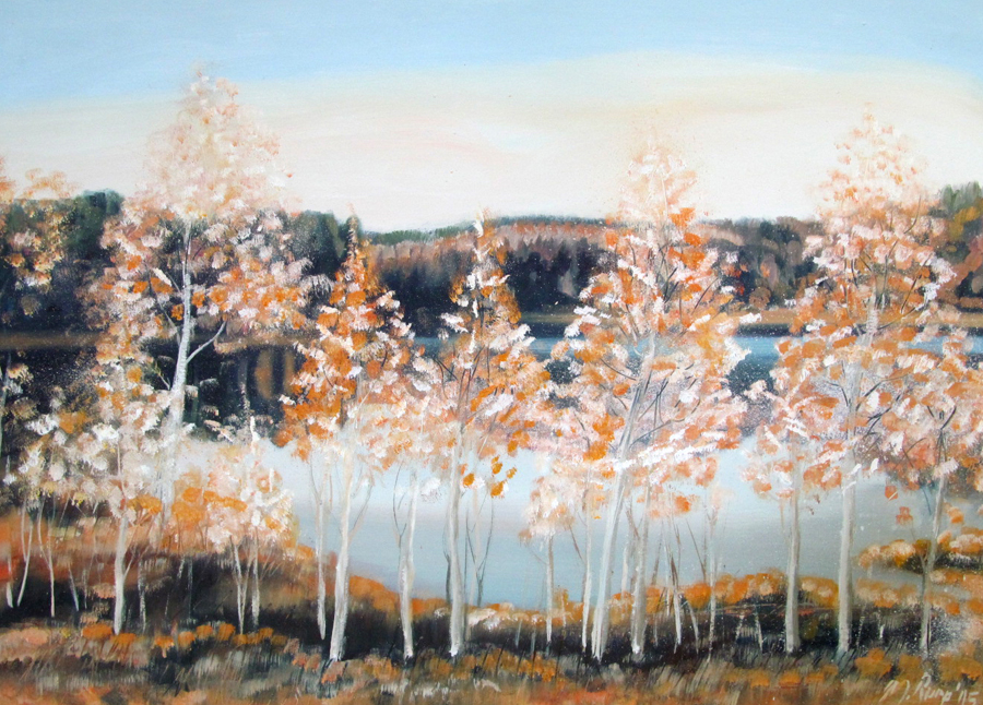 Helendavad kased Pühajärvel. Õli 93x63 Papp 2015 Erakogus