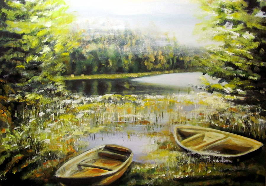 Paadid Pühajärve kaldal. Õli 93x69 Papp 2015 Erakogus