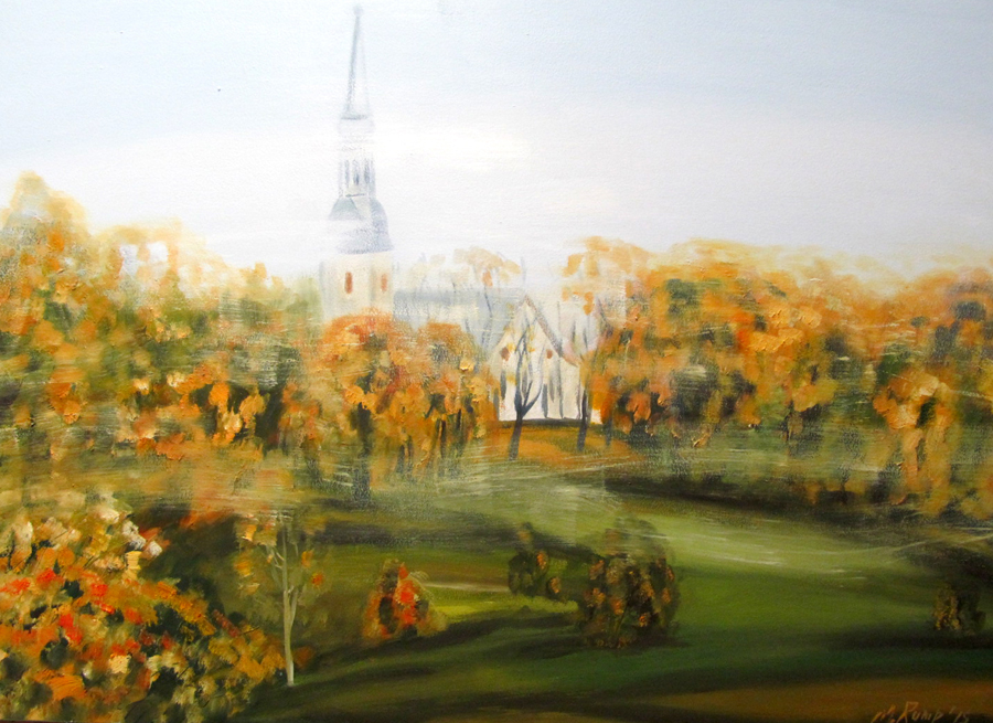 Udune sügismaastik Otepää kirikuga. Õli 88x69 Papp 2015 Erakogus